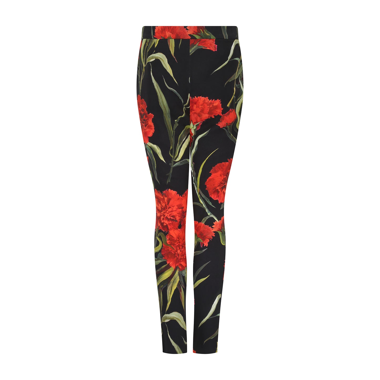 Dolce and Gabbana Black Slim Fit Trousers with Red Roses