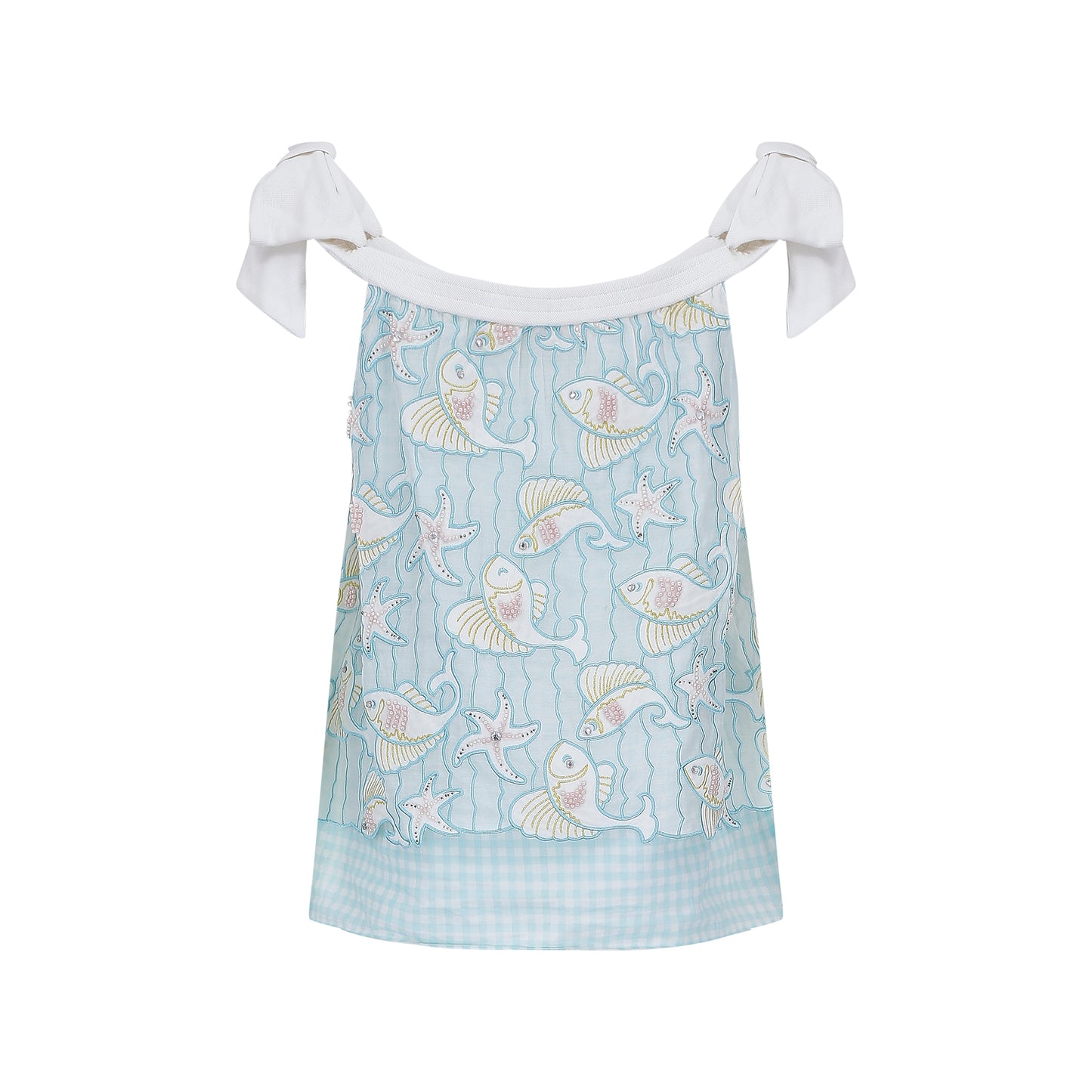 Manoush Blue Fish Patterned Top with Beaded Embroidery