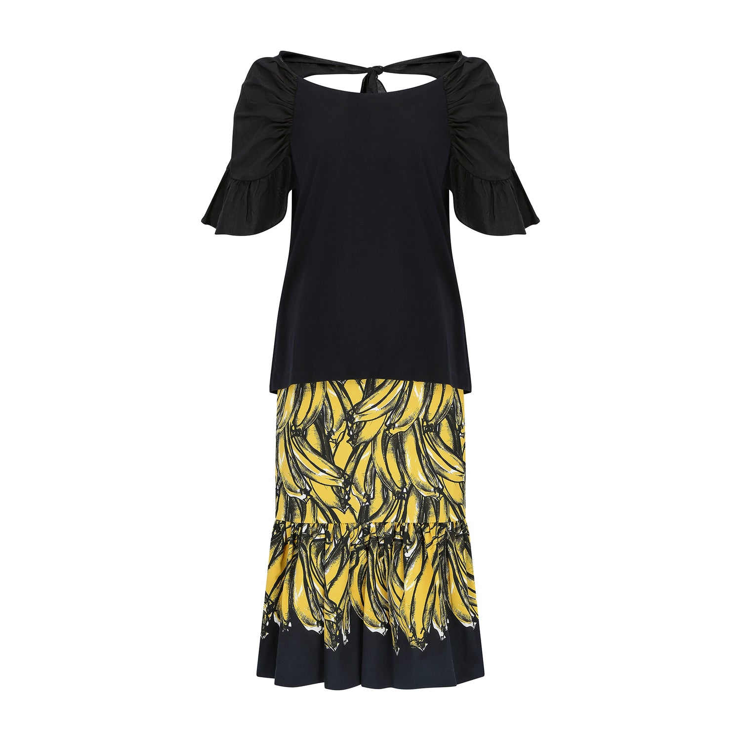 Prada Iconic Banana Pattern Skirt With Black Cotton T-Shirt