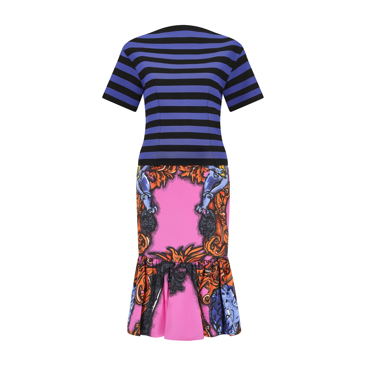 Prada Pink Iconic Banana Collection Skirt & Prada Striped Blue and Black Top