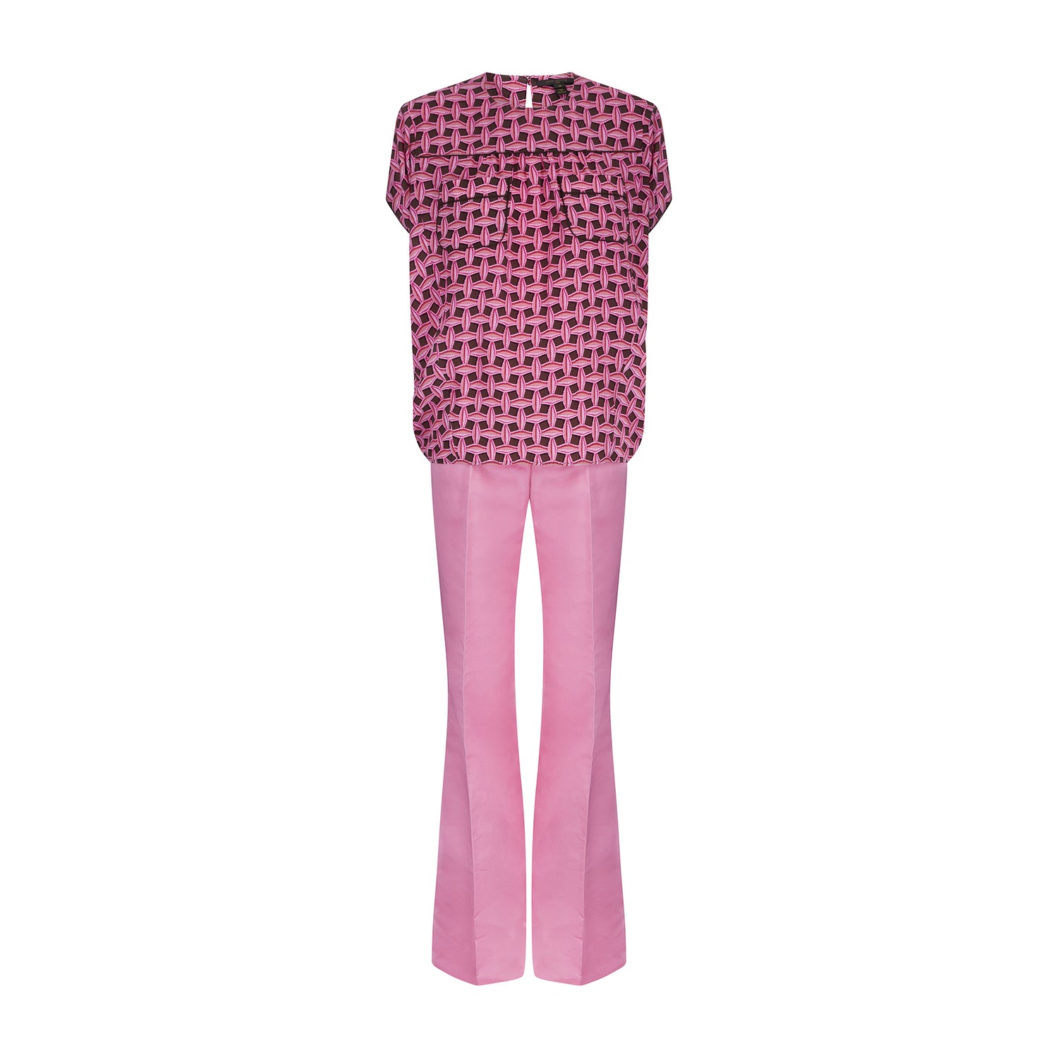 Louis Vuitton Pink&Brown Patterned Silk Top and Pink Trousers With Pocket Detail