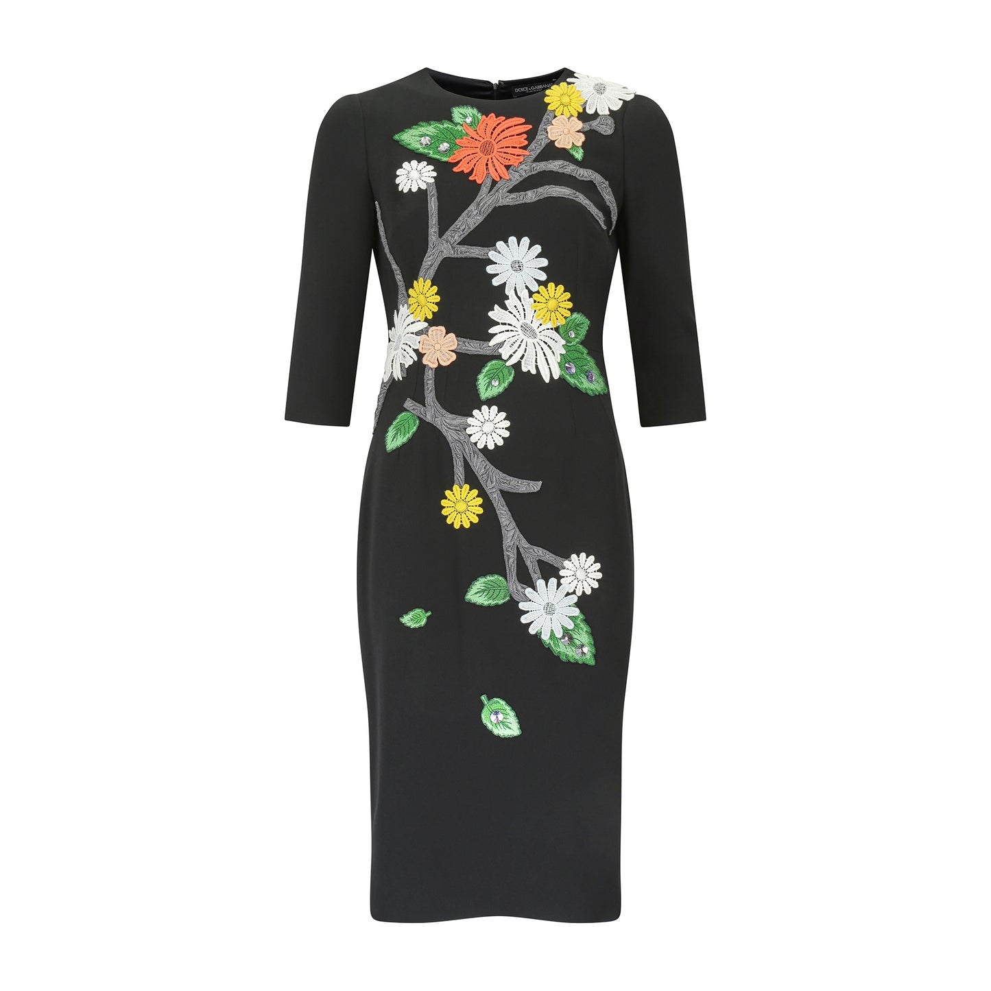 Dolce and Gabbana Black Midi dress with Flower Appliqué