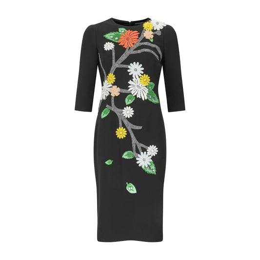 Dolce and Gabbana Black Midi dress with Flower Appliqué