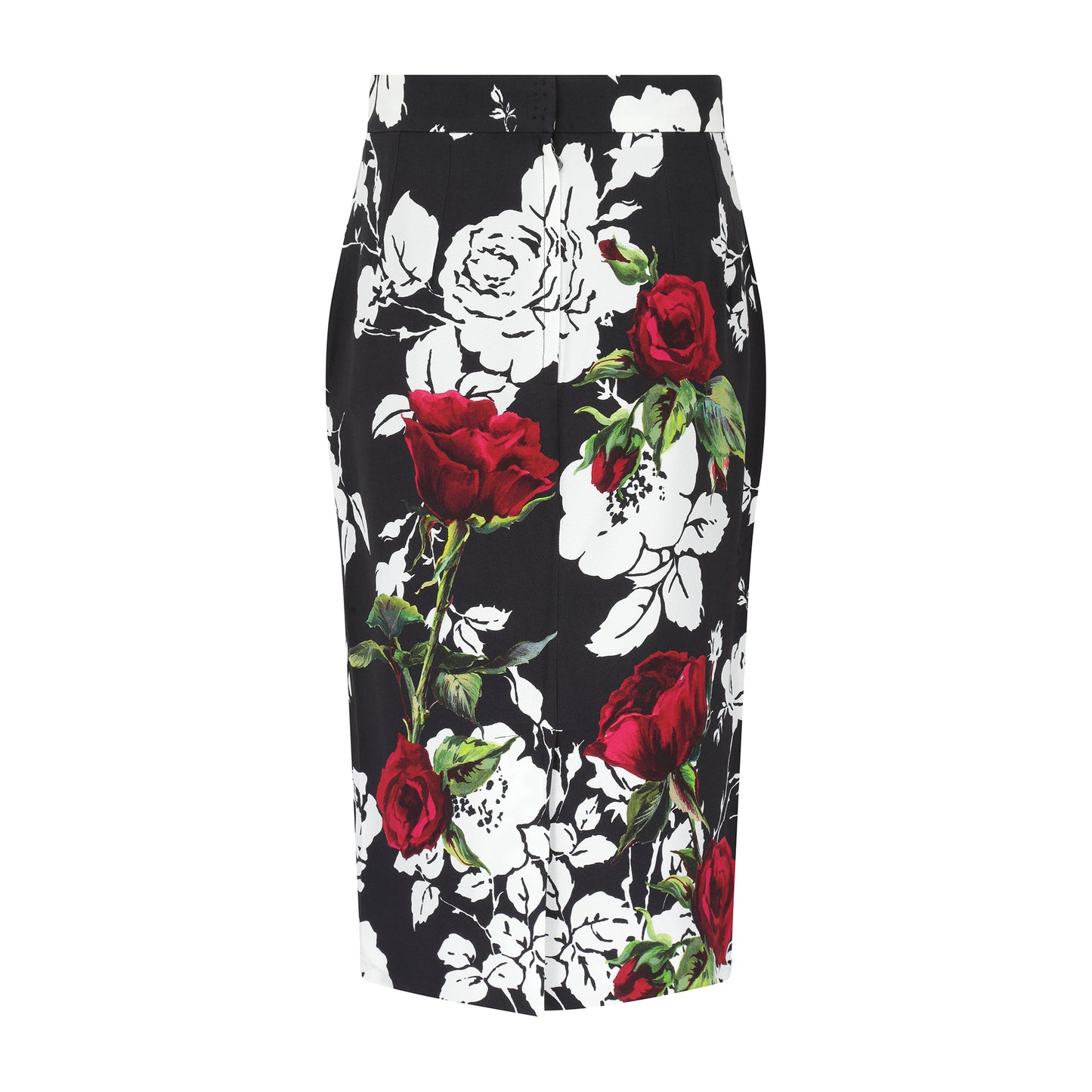 Dolce and Gabbana Black and White Midi Skirt with Red Roses