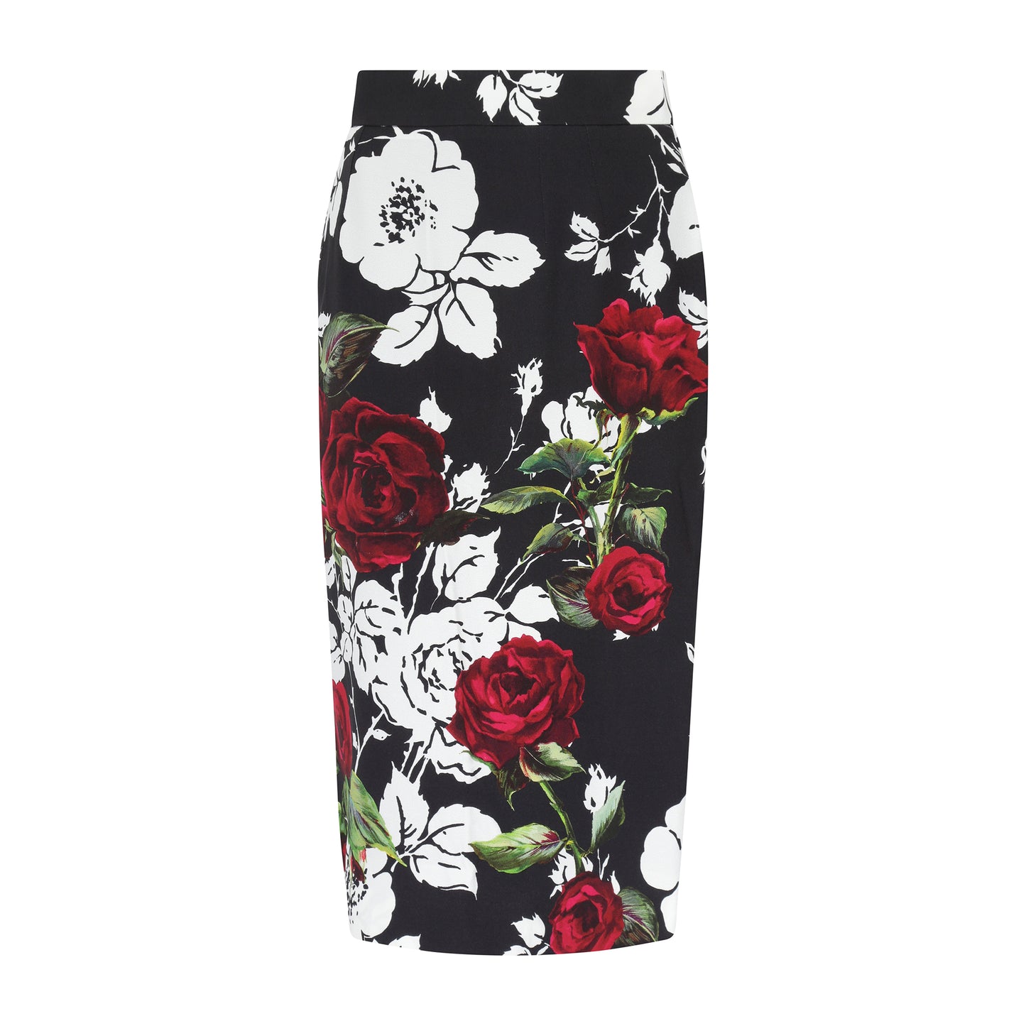 Dolce and Gabbana Black and White Midi Skirt with Red Roses