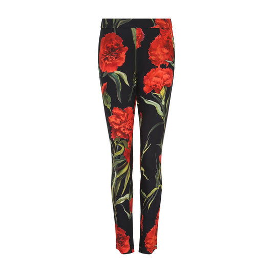 Dolce and Gabbana Black Slim Fit Trousers with Red Roses