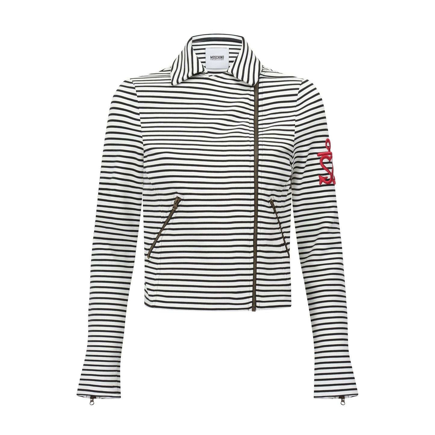 Moschino Black and White Striped Jacket with Red Embroidery on Arm