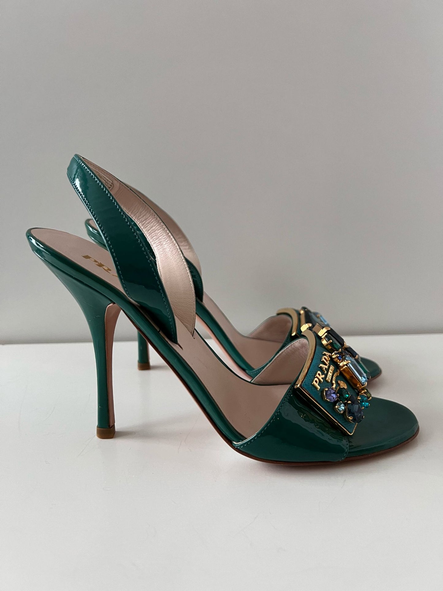 Prada Green Patent Leather Embellished Slingback Sandals Size 38