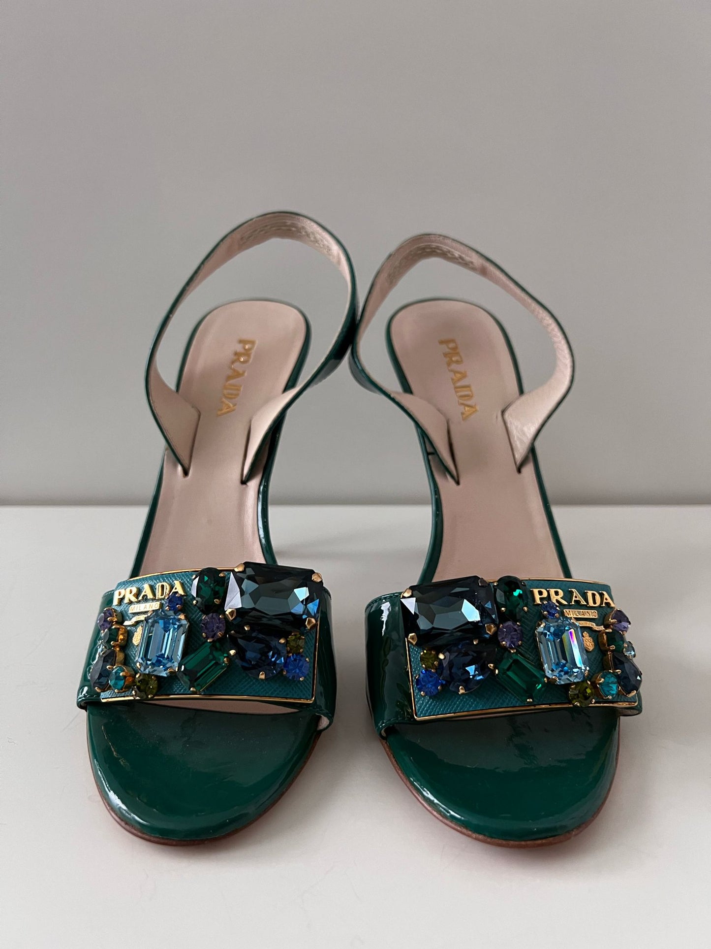 Prada Green Patent Leather Embellished Slingback Sandals Size 38