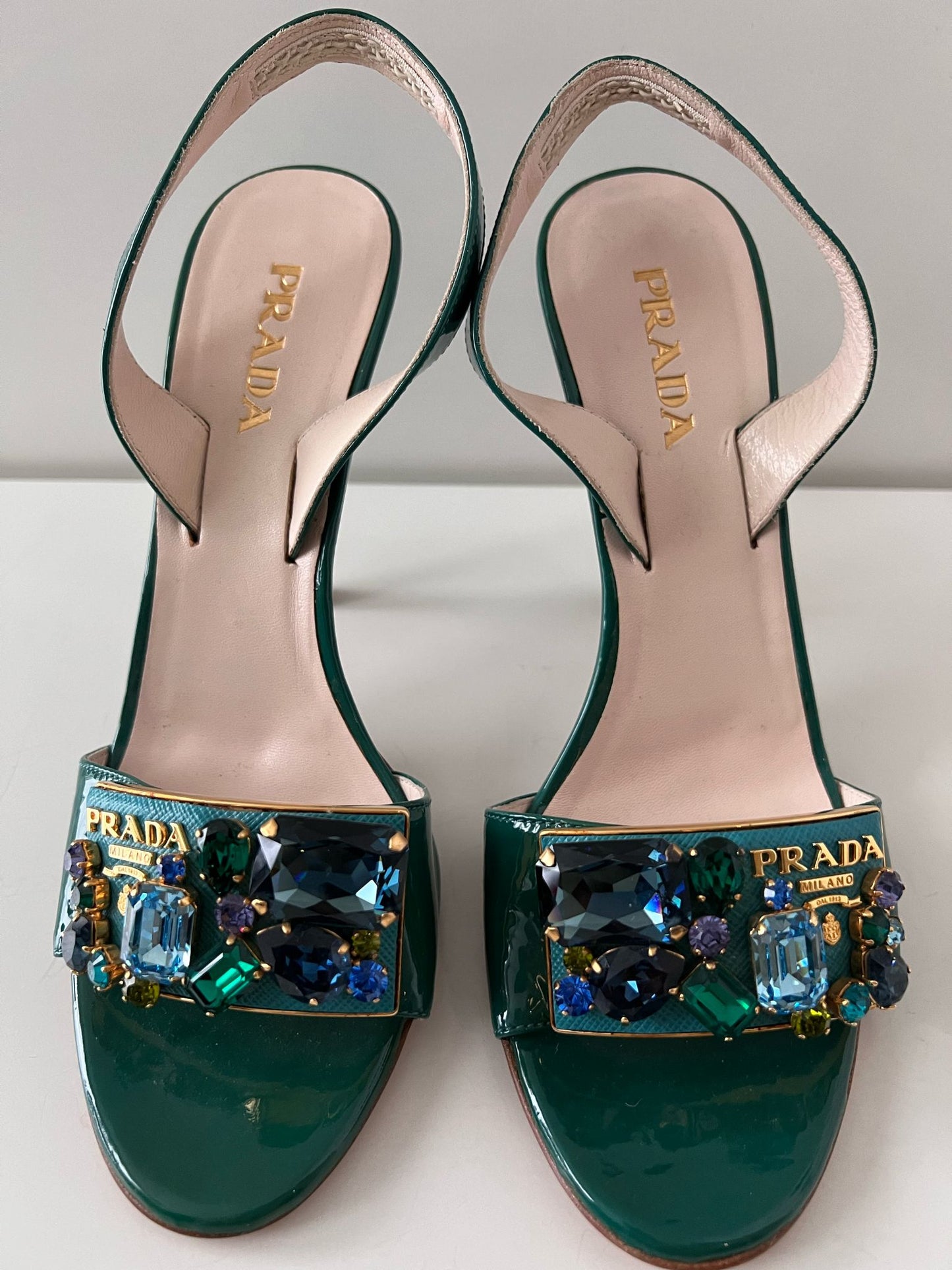 Prada Green Patent Leather Embellished Slingback Sandals Size 38