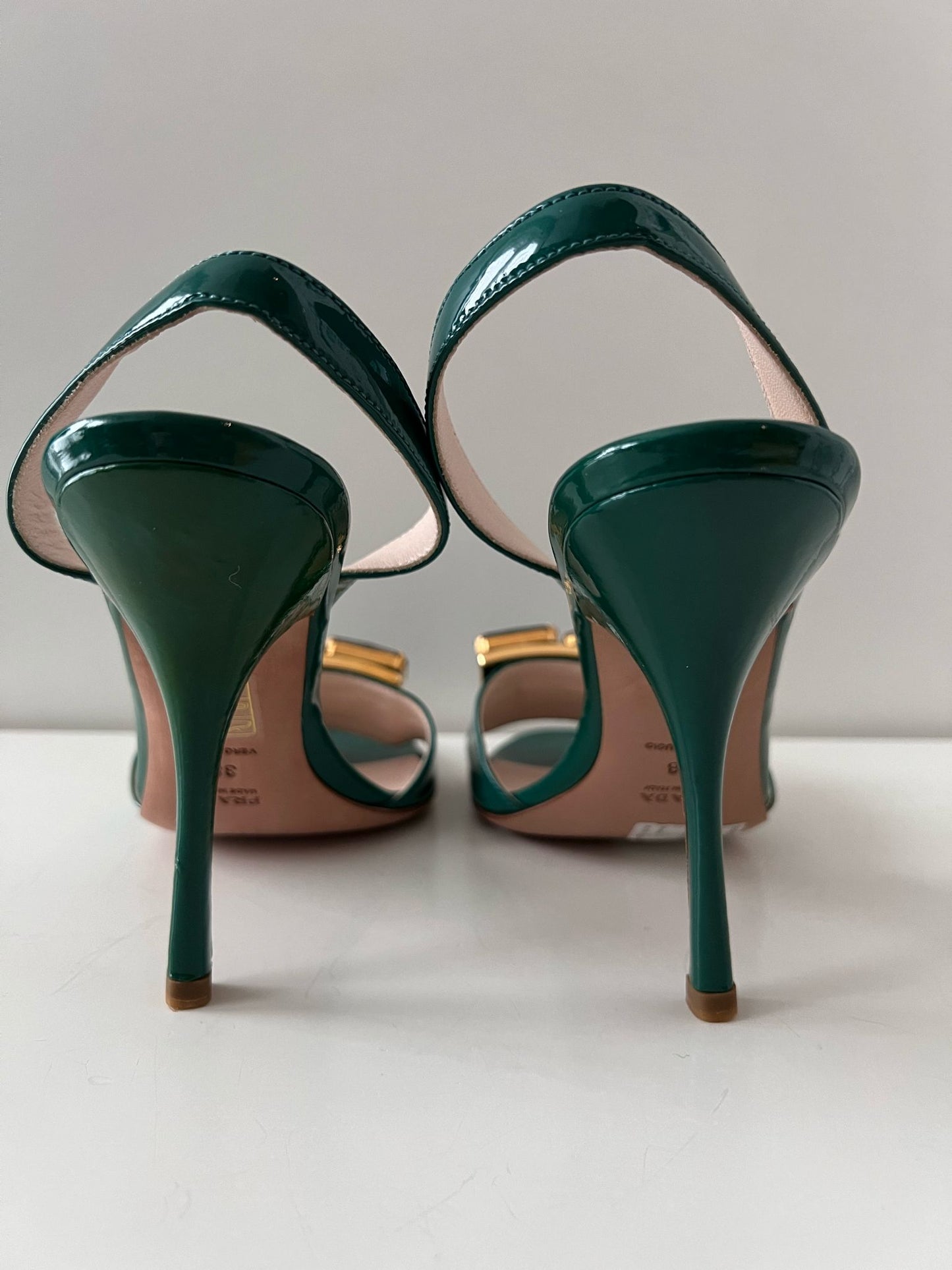 Prada Green Patent Leather Embellished Slingback Sandals Size 38