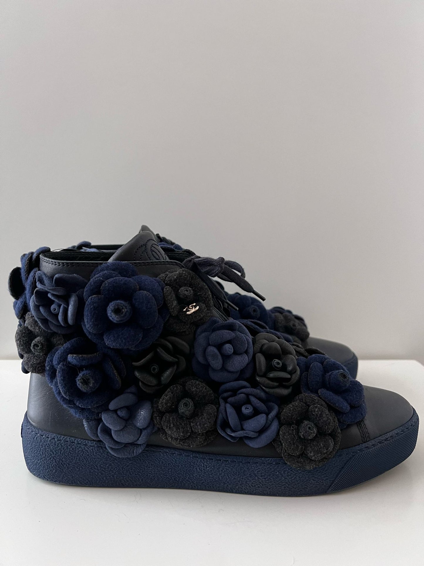 Chanel Black & blue Camellia embroidered high top trainers