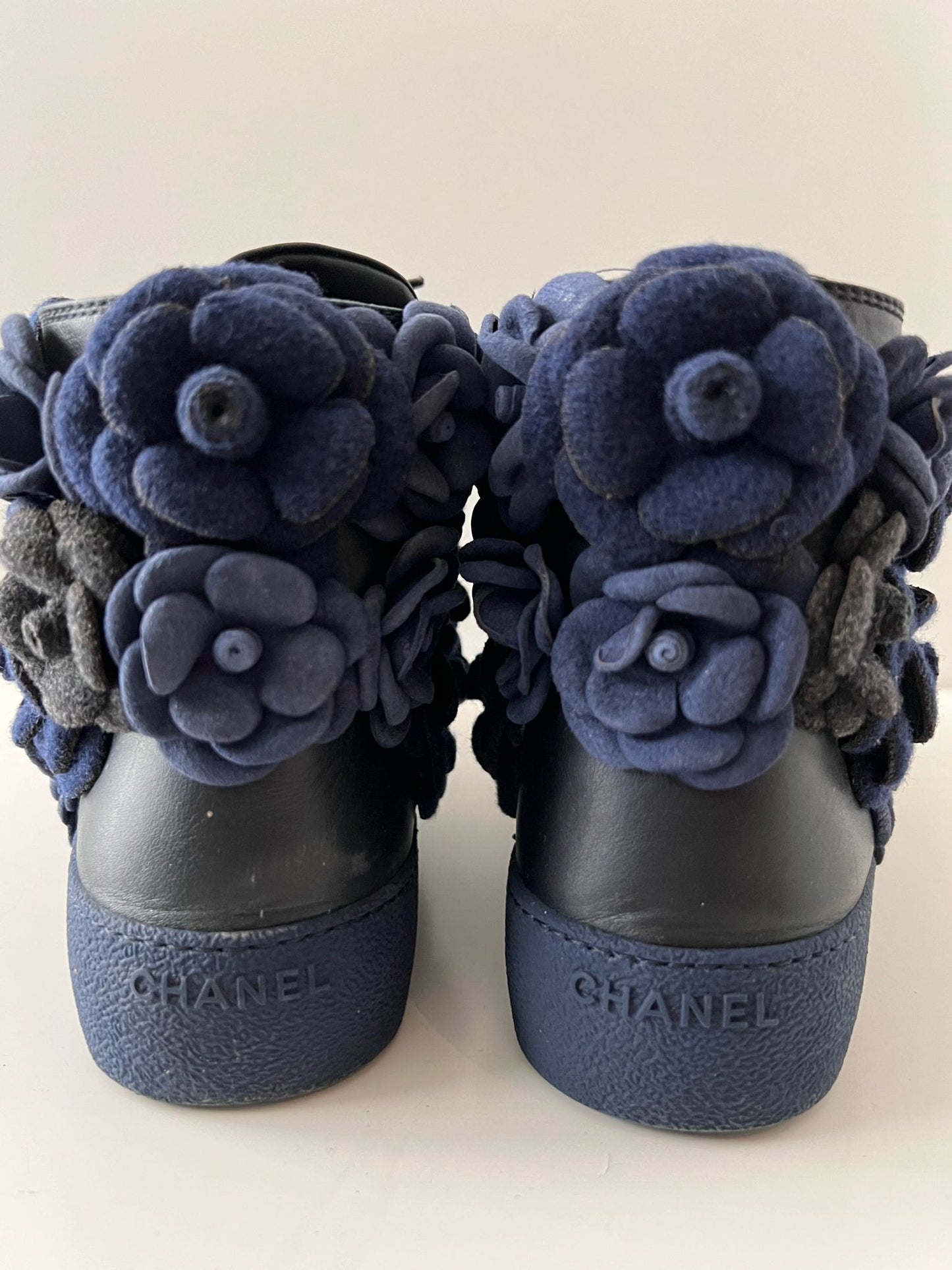 Chanel Black & blue Camellia embroidered high top trainers