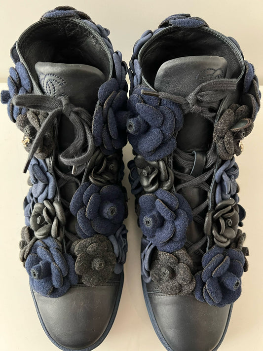 Chanel Black & blue Camellia embroidered high top trainers