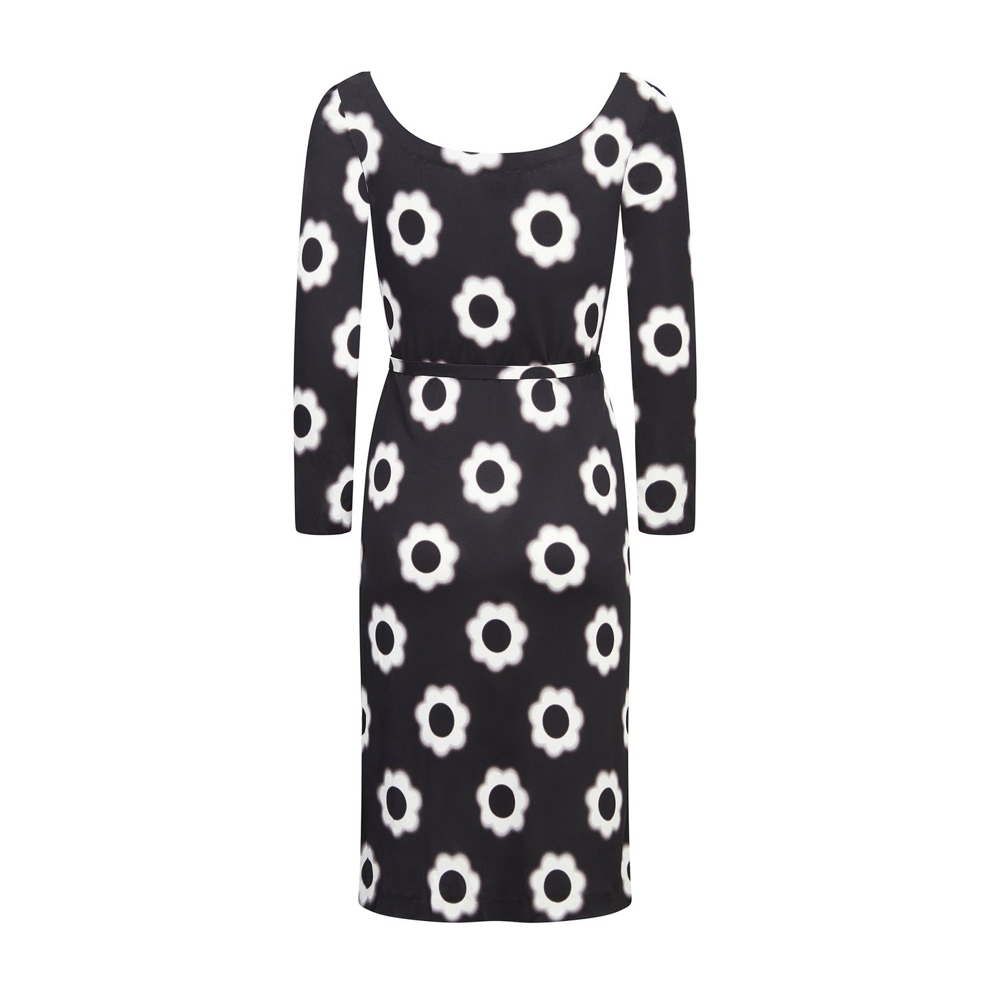 Prada Knee Length, White Floral Pattern on Black Belted Dress