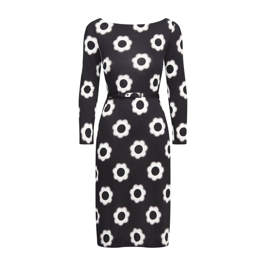 Prada Knee Length, White Floral Pattern on Black Belted Dress