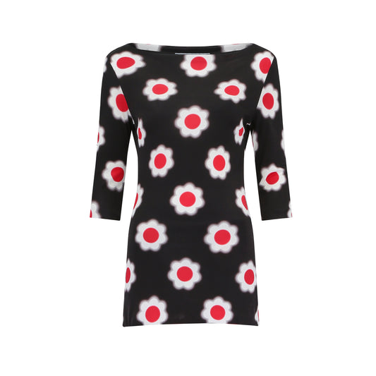 Prada Red Flower Pattern on Black Blouse